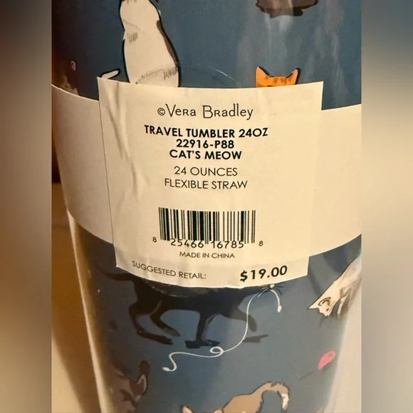Vera Bradley Blue Cat Print Travel Tumbler with Straw - Picture 3 of 5